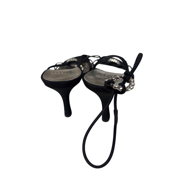 Stuart Weitzman Black Satin Rhinestone-Embellished Ankle Strap Stiletto Heels 7. - Picture 5 of 7